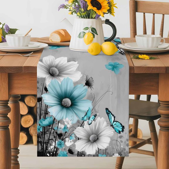 Burlap Table Runner 36 Inches Long, Blue White Daisy Butterfly Non-Slip Kitchen Table Runners for Dining Room Everyday Use Party Table Decorations Floral on Gray Background