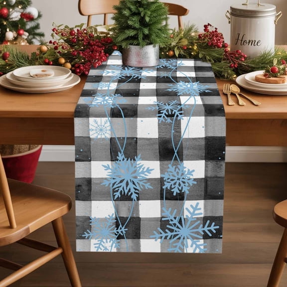 Burlap Table Runner 36 Inches Long,Blue Winter Snowflakes Non-Slip Kitchen Table Runners for Dining Room Everyday Use Party Table Decorations Black White Plaid