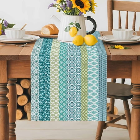 Burlap Table Runner 36 Inches Long,Bohemian Abstract Geometric Teal Damask Flower Non-Slip Kitchen Table Runners for Dining Room Everyday Use Party Table Decorations Ethnic Style Morocco