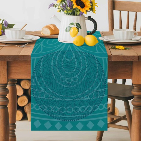 Burlap Table Runner 36 Inches Long, Bohemian Flower on Teal Green Non-Slip Kitchen Table Runners for Dining Room Everyday Use Party Table Decorations Boho Chic Blossom Floral