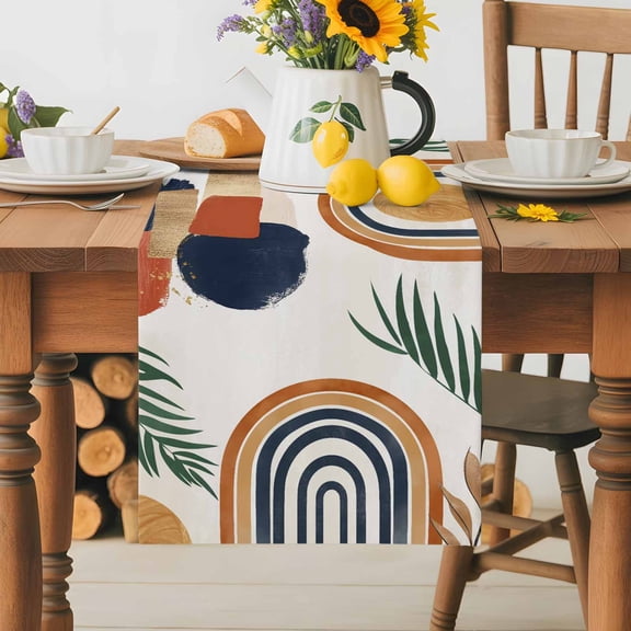 Burlap Table Runner 36 Inches Long,Boho Arch Sun Tropical Leaves Non-Slip Kitchen Table Runners for Dining Room Everyday Use Party Table Decorations Terracotta Aesthetic Nordic Style