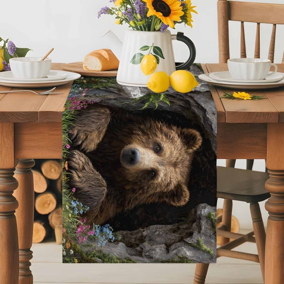Burlap Table Runner 36 Inches Long, Brown Bear Rustic Wildflowers Cave Non-Slip Kitchen Table Runners for Dining Room Everyday Use Party Table Decorations Nature Animals