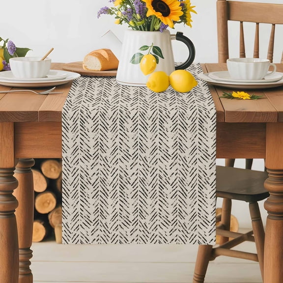 Burlap Table Runner 36 Inches Long,Brown Herringbone Art Non-Slip Kitchen Table Runners for Dining Room Everyday Use Party Table Decorations Abstract Geometric Striped on Linen