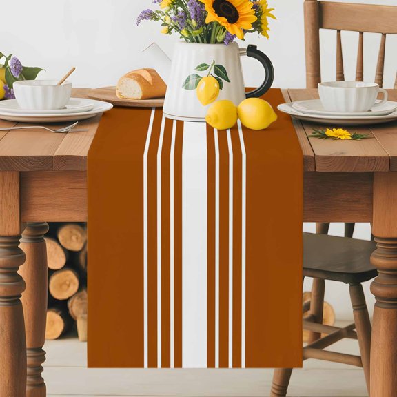 Burlap Table Runner 36 Inches Long, Burnt Orange Stripe Non-Slip Kitchen Table Runners for Dining Room Everyday Use Party Table Decorations Modern Minimalist Style