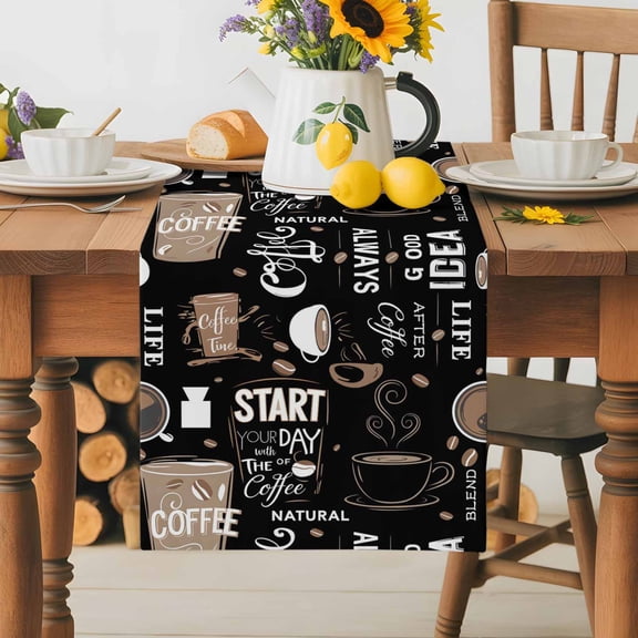 Burlap Table Runner 36 Inches Long,Cafe Coffee Cup Retro Brown Non-Slip Kitchen Table Runners for Dining Room Everyday Use Party Table Decorations Graffiti Letter Back