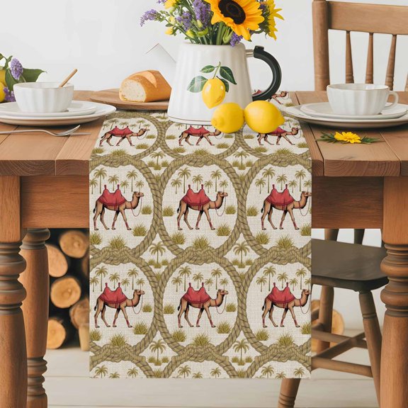 Burlap Table Runner 36 Inches Long, Camel Date Coconut Trees Ropes Non-Slip Kitchen Table Runners for Dining Room Everyday Use Party Table Decorations Vintage Animal Plant