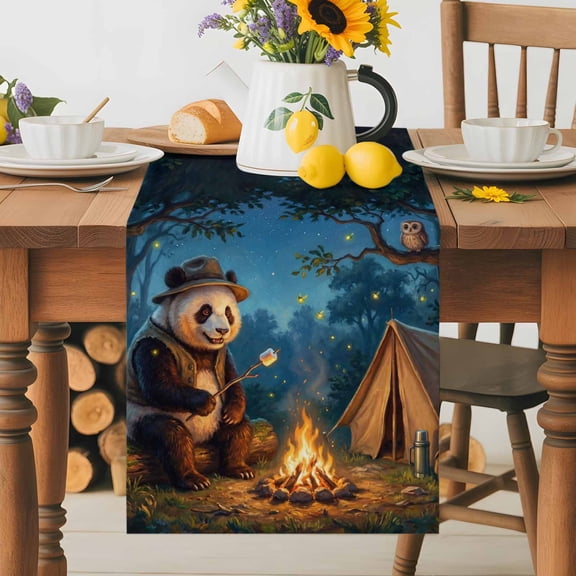 Burlap Table Runner 36 Inches Long, Camping Bonfire Panda Non-Slip Kitchen Table Runners for Dining Room Everyday Use Party Table Decorations Nighttime Firefly Owl
