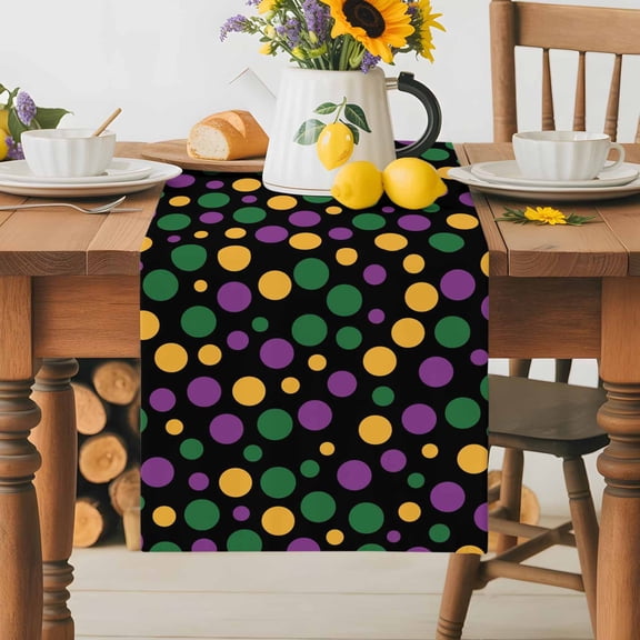 Burlap Table Runner 36 Inches Long, Carnival Colorful Polka Dots Non-Slip Kitchen Table Runners for Dining Room Everyday Use Party Table Decorations Green Purple Yellow Dot on Black