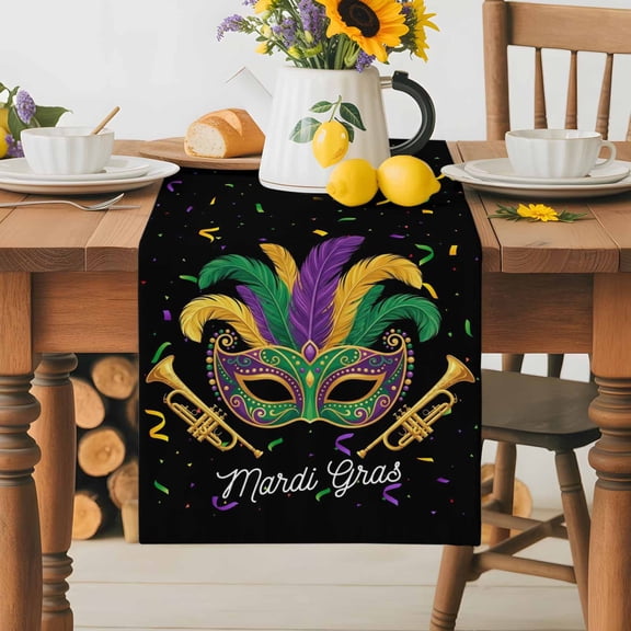Burlap Table Runner 36 Inches Long, Carnival Mask Feather Trumpet Non-Slip Kitchen Table Runners for Dining Room Everyday Use Party Table Decorations Celebration Ribbon on Black