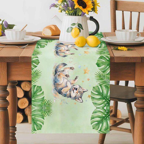 Burlap Table Runner 36 Inches Long, Cartoon Animal Little Wolves Non-Slip Kitchen Table Runners for Dining Room Everyday Use Party Table Decorations Tropical Plants Leaves