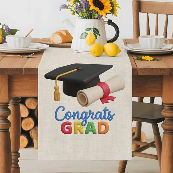 Burlap Table Runner 36 Inches Long, Cartoon Bachelor's Hat on Beige Non-Slip Kitchen Table Runners for Dining Room Everyday Use Party Table Decorations Congrats Grad Quote