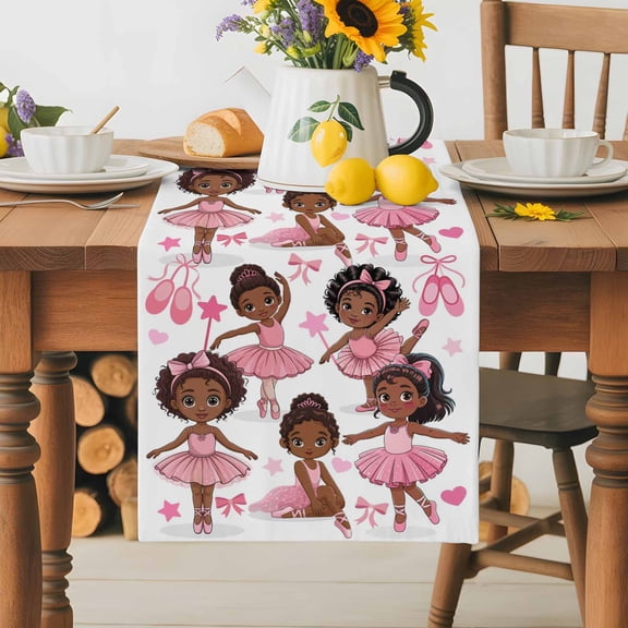 Burlap Table Runner 36 Inches Long,Cartoon Children Ballet Dance Non-Slip Kitchen Table Runners for Dining Room Everyday Use Party Table Decorations Pink Butterflies Ballet Shoes