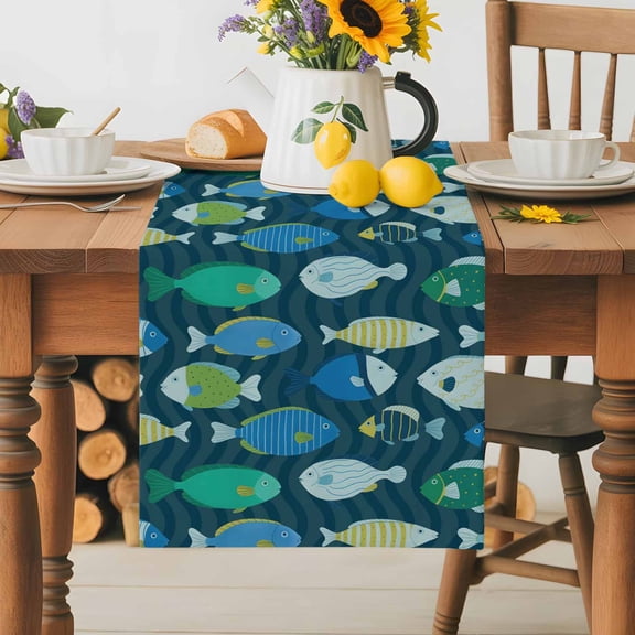 Burlap Table Runner 36 Inches Long,Cartoon Funny Blue Stripes Little Fish Non-Slip Kitchen Table Runners for Dining Room Everyday Use Party Table Decorations Ocean Waves