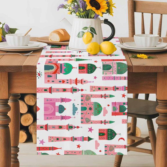 Burlap Table Runner 36 Inches Long, Cartoon Graffiti Castle Stars Moon Non-Slip Kitchen Table Runners for Dining Room Everyday Use Party Table Decorations Pink Doodle Art on White