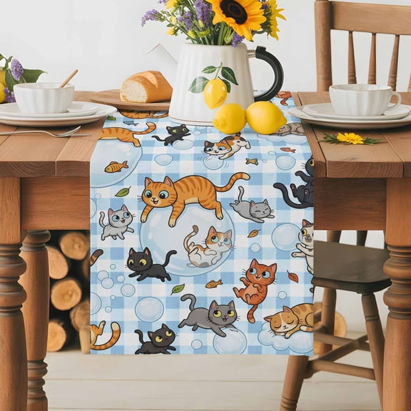 Burlap Table Runner 36 Inches Long,Cartoon Lovely Pets Fish Bubbles Non-Slip Kitchen Table Runners for Dining Room Everyday Use Party Table Decorations Light Blue Check