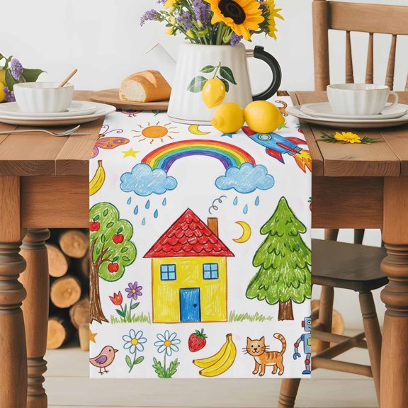 Burlap Table Runner 36 Inches Long, Cartoon Painting House Tree Non-Slip Kitchen Table Runners for Dining Room Everyday Use Party Table Decorations Rainbow Butterfly