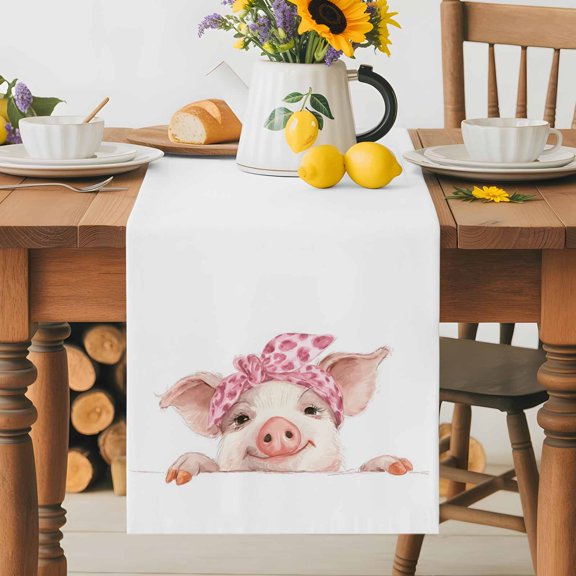 Burlap Table Runner 36 Inches Long, Cartoon Pink Bathing Pig Non-Slip Kitchen Table Runners for Dining Room Everyday Use Party Table Decorations Abstract Animal