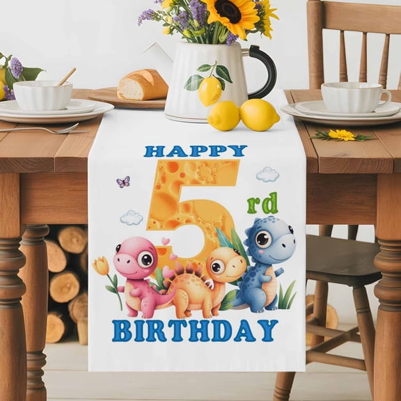 Burlap Table Runner 36 Inches Long, Cartoon Pink Orange Blue Dinosaurs Flower Non-Slip Kitchen Table Runners for Dining Room Everyday Use Party Table Decorations Happy Birthday