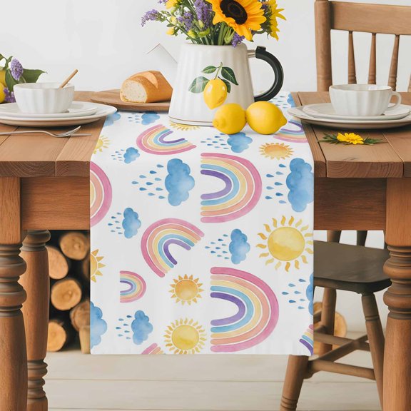 Burlap Table Runner 36 Inches Long, Cartoon Rainbow Cloud Sun Non-Slip Kitchen Table Runners for Dining Room Everyday Use Party Table Decorations Modern Abstract Style