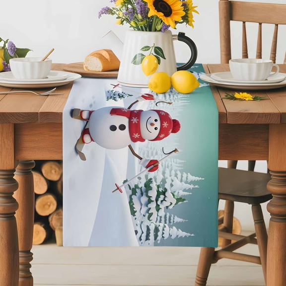 Burlap Table Runner 36 Inches Long, Cartoon Winter Skiing Snowman Non-Slip Kitchen Table Runners for Dining Room Everyday Use Party Table Decorations Snowy Forest White