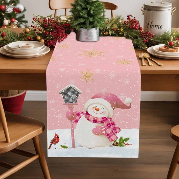 Burlap Table Runner 36 Inches Long,Cartoon Winter Snowman Non-Slip Kitchen Table Runners for Dining Room Everyday Use Party Table Decorations Gold Snowflake on Pink