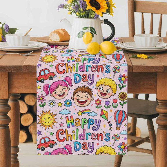 Burlap Table Runner 36 Inches Long, Cartoons Flowers Happy Children's Day Non-Slip Kitchen Table Runners for Dining Room Everyday Use Party Table Decorations Lovely Hot Balloons