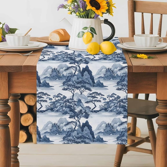 Burlap Table Runner 36 Inches Long,Chinese Style Plant Garden Landscape Non-Slip Kitchen Table Runners for Dining Room Everyday Use Party Table Decorations Chinoiserie Retro Style