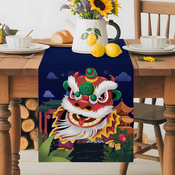 Burlap Table Runner 36 Inches Long, Chinese Wind Lion Dance Non-Slip Kitchen Table Runners for Dining Room Everyday Use Party Table Decorations New Year Painting