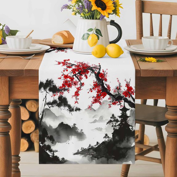 Burlap Table Runner 36 Inches Long, Chinese Wind Spring Mayflowers Non-Slip Kitchen Table Runners for Dining Room Everyday Use Party Table Decorations Watercolor Floral Art