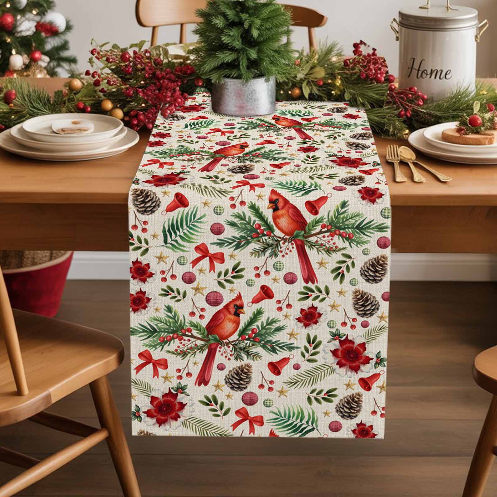 Burlap Table Runner 36 Inches Long,Christmas Cardinals Bird Pine Cone ...