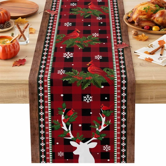 Burlap Table Runner 36 Inches Long, Christmas Deer Know The Brewery Non-Slip Kitchen Table Runners for Dining Room Everyday Use Party Table Decorations Snowflake Red Check