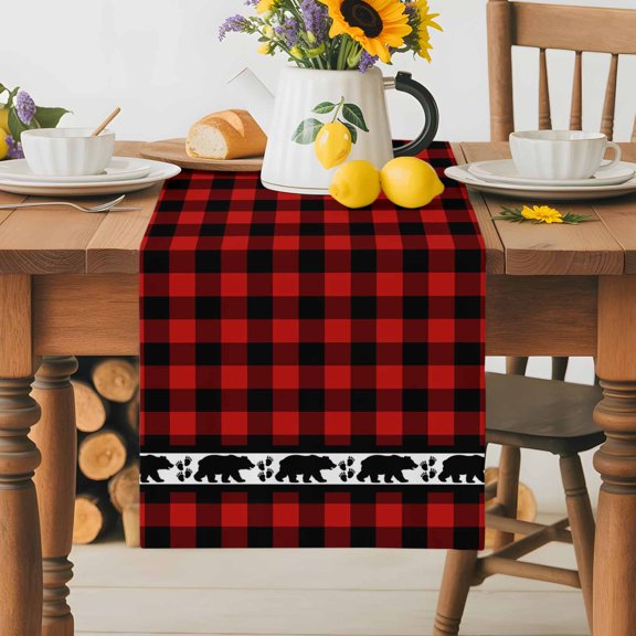 Burlap Table Runner 36 Inches Long,Christmas Red Black Buffalo Checker Non-Slip Kitchen Table Runners for Dining Room Everyday Use Party Table Decorations Bear Shadow Animal Footprints