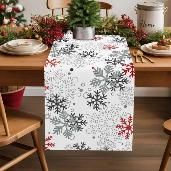 Burlap Table Runner 36 Inches Long,Christmas Snowflakes White Red Winter Falling Snow Seamless Non-Slip Kitchen Table Runners for Dining Room Everyday Use Party Table Decorations