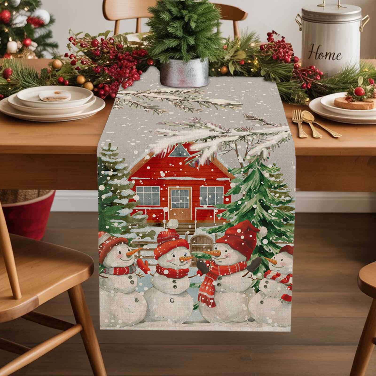 Burlap Table Runner 36 Inches Long,Christmas Snowman Xmas Tree on Grey ...