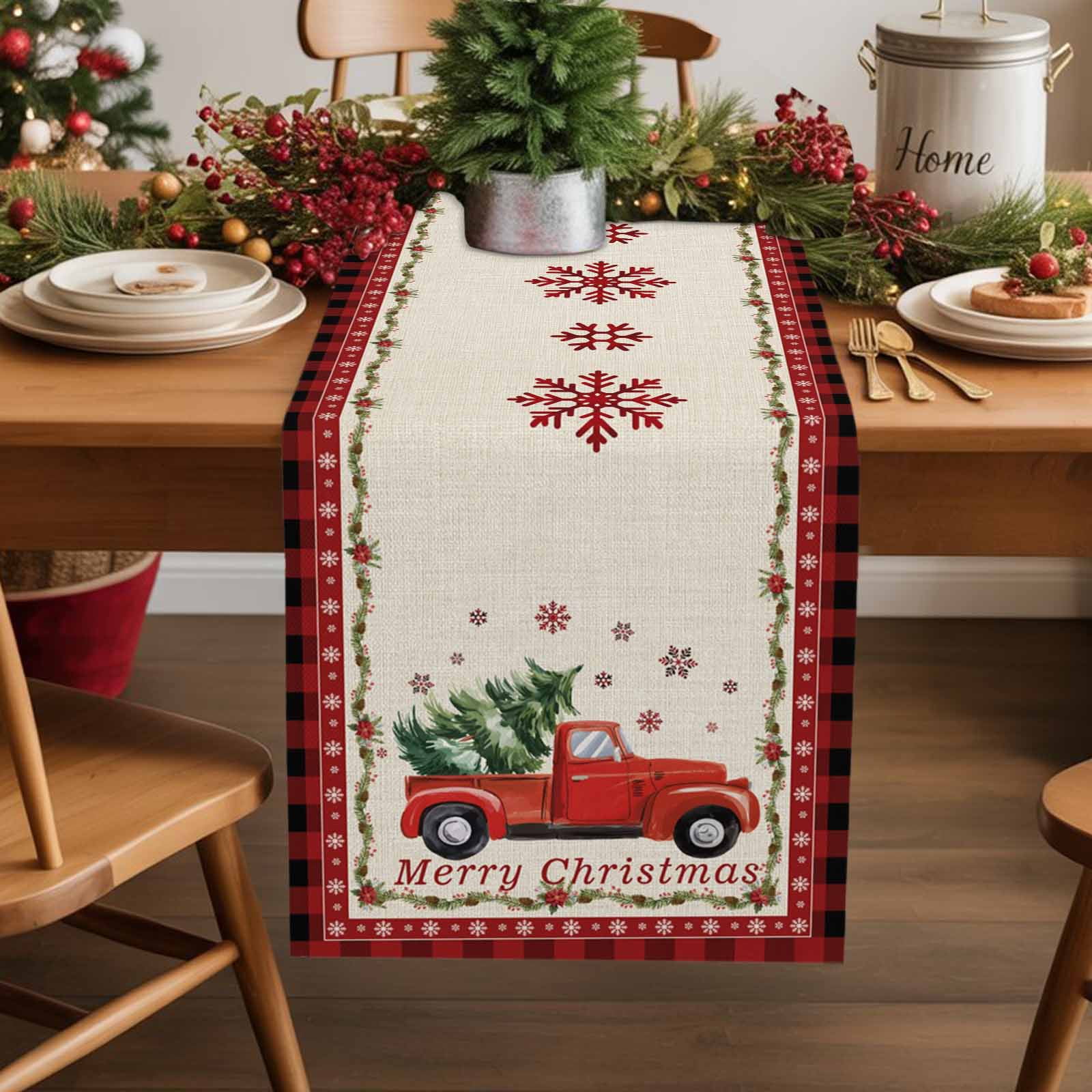 Burlap Table Runner 36 Inches Long,Christmas Tree Red Truck on Retro ...