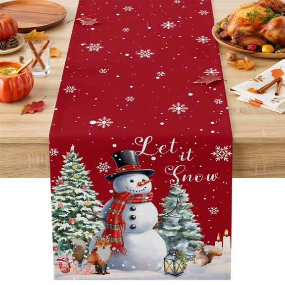 Burlap Table Runner 36 Inches Long, Christmas Tree Snowman on Red Non-Slip Kitchen Table Runners for Dining Room Everyday Use Party Table Decorations Winter Snowflake Fox