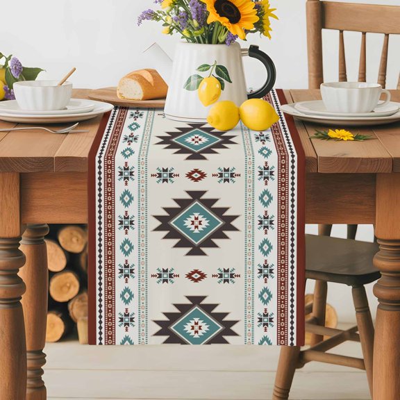Burlap Table Runner 36 Inches Long,Classic Aztec Pattern Non-Slip Kitchen Table Runners for Dining Room Everyday Use Party Table Decorations Southwest Wind Bohemian Art