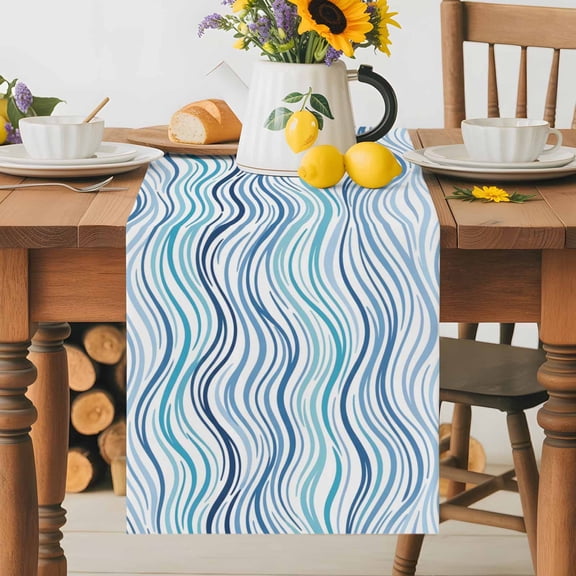 Burlap Table Runner 36 Inches Long, Coastal Blue Gradient Stripe Non-Slip Kitchen Table Runners for Dining Room Everyday Use Party Table Decorations Modern Ocean Wave Line