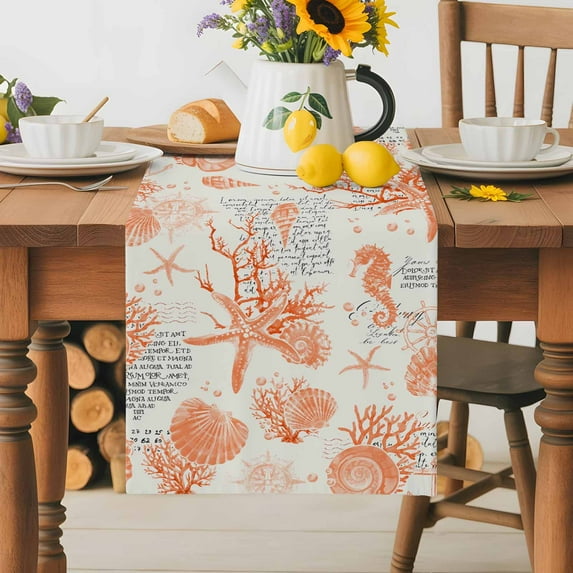 Burlap Table Runner 36 Inches Long, Coastal Orange Starfish Shell Non-Slip Kitchen Table Runners for Dining Room Everyday Use Party Table Decorations Vintage Seahorse Coral