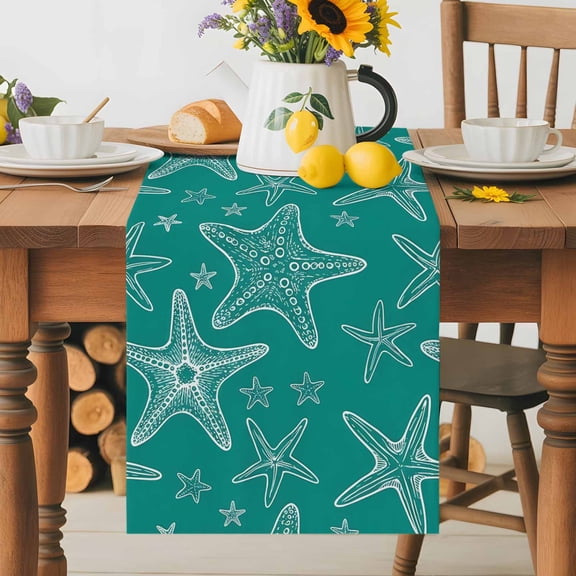 Burlap Table Runner 36 Inches Long, Coastal Sea Starfish Seamless Non-Slip Kitchen Table Runners for Dining Room Everyday Use Party Table Decorations Ocean Creature on Cyan