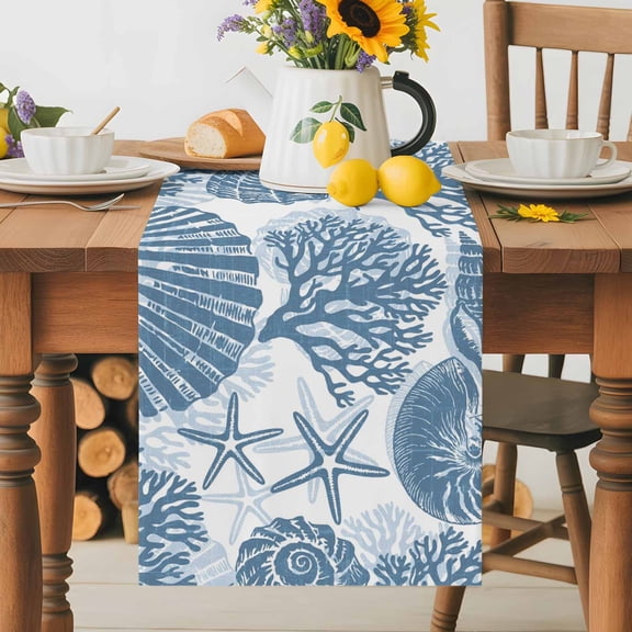 Burlap Table Runner 36 Inches Long, Coastal Slate Blue Sea Shells Starfish Non-Slip Kitchen Table Runners for Dining Room Everyday Use Party Table Decorations Marine Life
