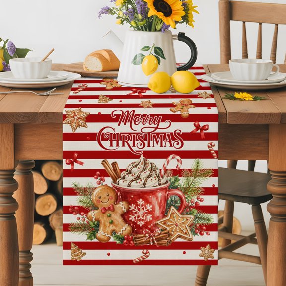 Burlap Table Runner 36 Inches Long, Cocoa Cup Gingerbread Cookie Non-Slip Kitchen Table Runners for Dining Room Everyday Use Party Table Decorations Christmas Red Striped