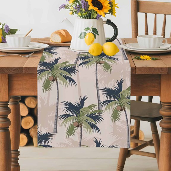 Burlap Table Runner 36 Inches Long,Coconut Tree Tropical Plant Non-Slip Kitchen Table Runners for Dining Room Everyday Use Party Table Decorations Seaside Palm Trees