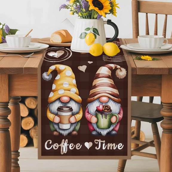 Burlap Table Runner 36 Inches Long, Coffee Time Gnomes Non-Slip Kitchen Table Runners for Dining Room Everyday Use Party Table Decorations Ququ Cookies Donut Dwarfs