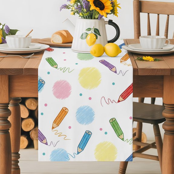 Burlap Table Runner 36 Inches Long, Colored Pencils Art Non-Slip Kitchen Table Runners for Dining Room Everyday Use Party Table Decorations Blue Green Red Scribble Dots