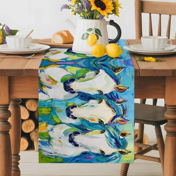 Burlap Table Runner 36 Inches Long, Colorful Aesthetic Animals Horse Non-Slip Kitchen Table Runners for Dining Room Everyday Use Party Table Decorations Abstract Oil Painting Art