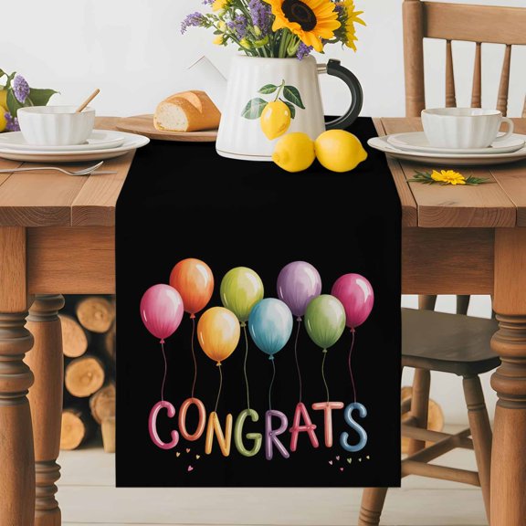 Burlap Table Runner 36 Inches Long, Colorful Balloons on Black Non-Slip Kitchen Table Runners for Dining Room Everyday Use Party Table Decorations Graduation Season