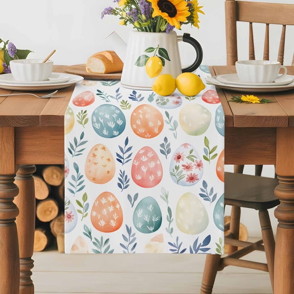 Burlap Table Runner 36 Inches Long,Colorful Easter Egg on White Non-Slip Kitchen Table Runners for Dining Room Everyday Use Party Table Decorations Watercolor Spring Leaves