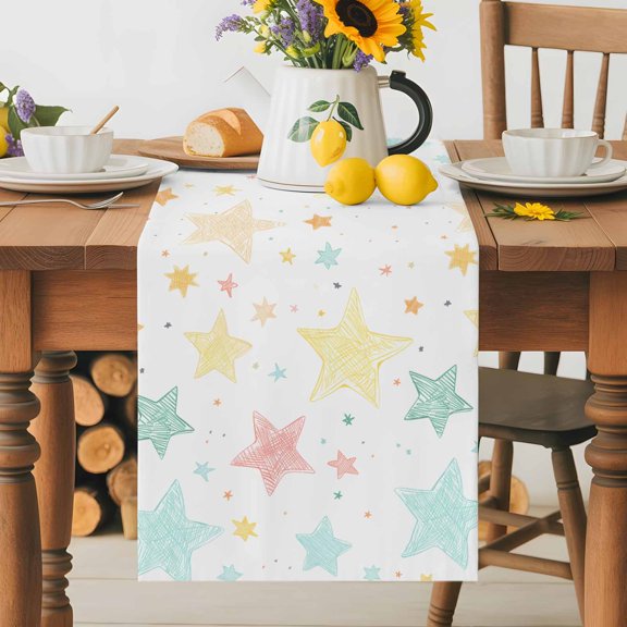 Burlap Table Runner 36 Inches Long, Colorful Five Pointed Stars Non-Slip Kitchen Table Runners for Dining Room Everyday Use Party Table Decorations Geometric Lines Doodle on White