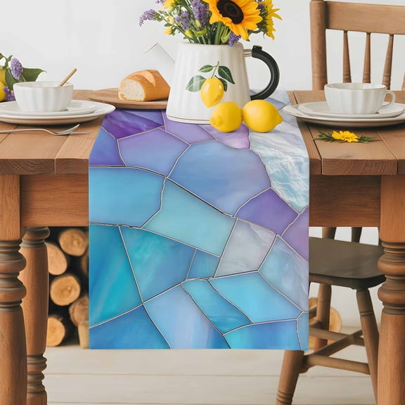 Burlap Table Runner 36 Inches Long, Colorful Glass Splicing Art Non-Slip Kitchen Table Runners for Dining Room Everyday Use Party Table Decorations Abstract Color Block Texture
